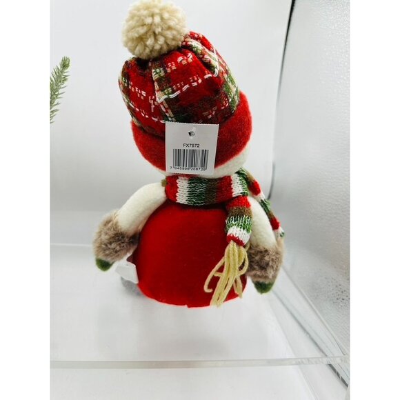 Christmas Snowman Plush Shelf Sitter Red Plaid Hat Beaded Legs Holiday Decor - Picture 10 of 10